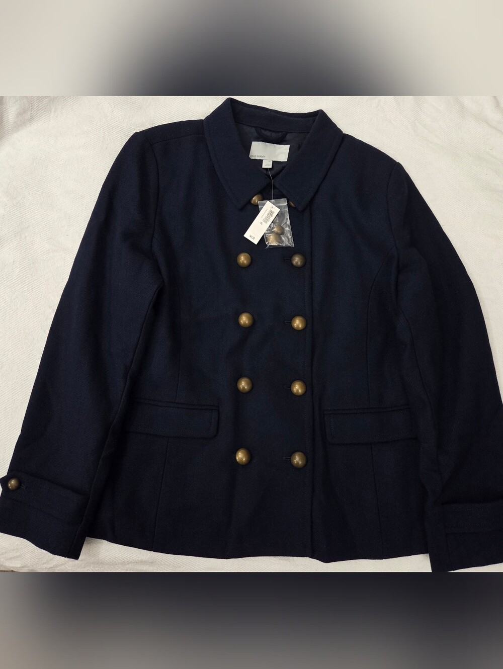 NWT Old Navy Wool Blend Double Breasted Pea Coat Navy Blue & Fringe Scarf Set